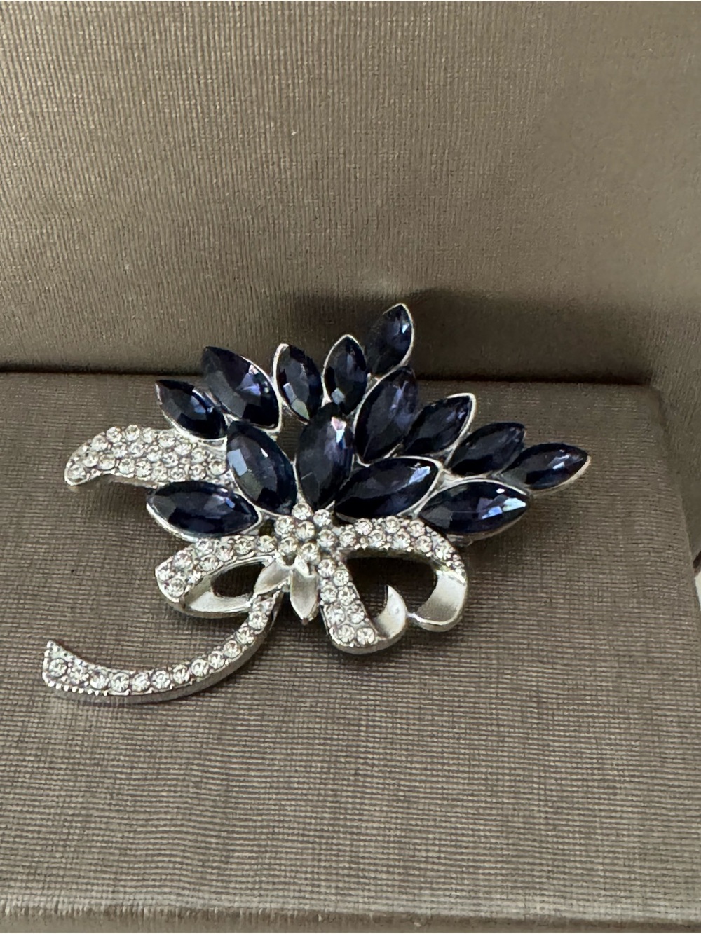Crystal Ribbon Brooch with Deep Blue Marquise Stones